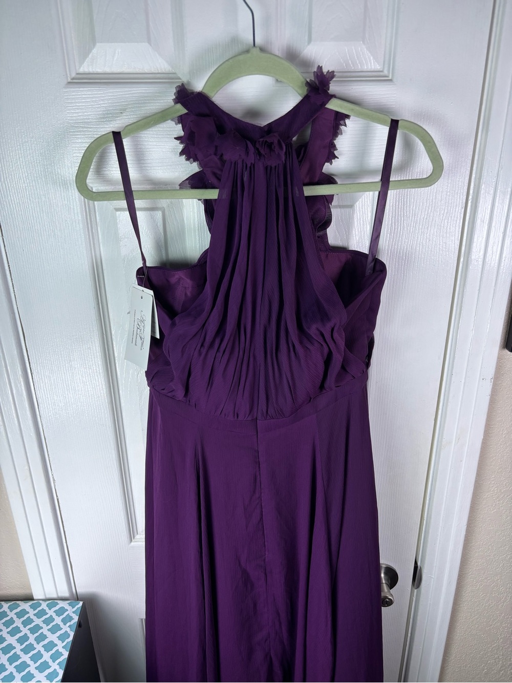 Morilee Elegant Purple Halter Maxi Dress with Floral Neckline - Picture 5 of 15